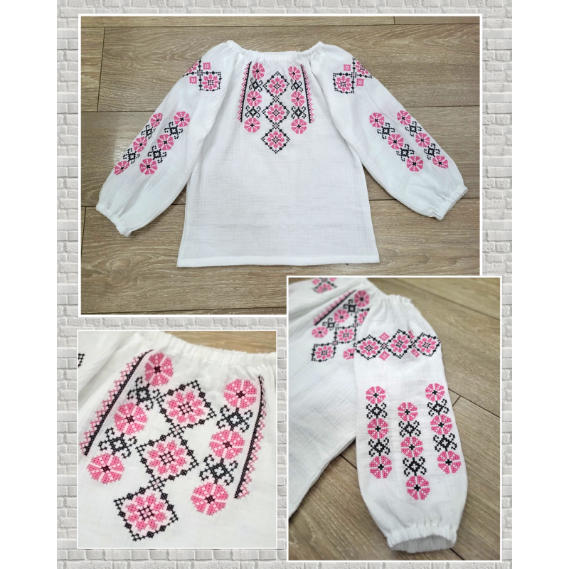 Вишиванка дитяча рожева Ксенія з мусліну, бавовна, натуральна тканина Вишиванка дитяча рожева Ксенія з мусліну, бавовна, натуральна тканина