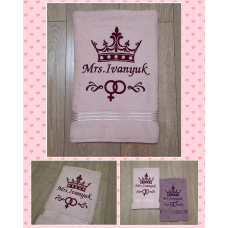 Іменний банний рушник бавовна 70х140см Mrs корона рожевий