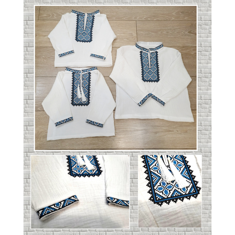 Вишиванка дитяча блакитна Паша з мусліну, бавовна, натуральна тканина Вишиванка дитяча блакитна Паша з мусліну, бавовна, натуральна тканина