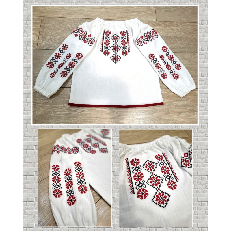 Вишиванка дитяча червона Ксенія з мусліну, бавовна, натуральна тканина Вишиванка дитяча червона Ксенія з мусліну, бавовна, натуральна тканина