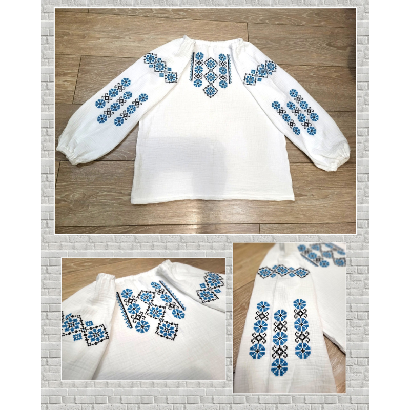 Вишиванка дитяча блакитна Ксенія з мусліну, бавовна, натуральна тканина Вишиванка дитяча блакитна Ксенія з мусліну, бавовна, натуральна тканина