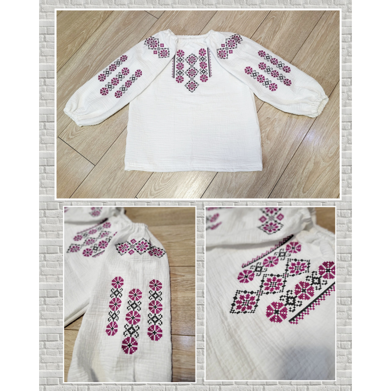 Вишиванка дитяча малинова Ксенія з мусліну, бавовна, натуральна тканина Вишиванка дитяча малинова Ксенія з мусліну, бавовна, натуральна тканина