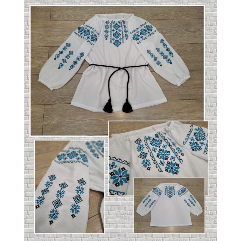 Вишиванка жіноча блакитна Тетяна з мусліну, бавовна, натуральна тканина розмір L-XL Вишиванка жіноча блакитна Тетяна з мусліну, бавовна, натуральна тканина розмір L-XL