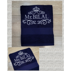 Іменний банний рушник бавовна 70х140см Mr темно-синій